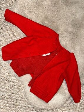 0/3m antique, crocheted, Cozy Red Knit Cardigan and bottoms gender neutral